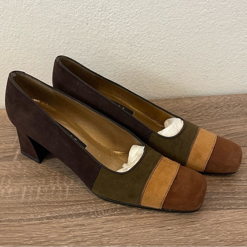 Stuart Weitzman Vintage Suede Brown Tones Block Heel Pumps, Size 6.5